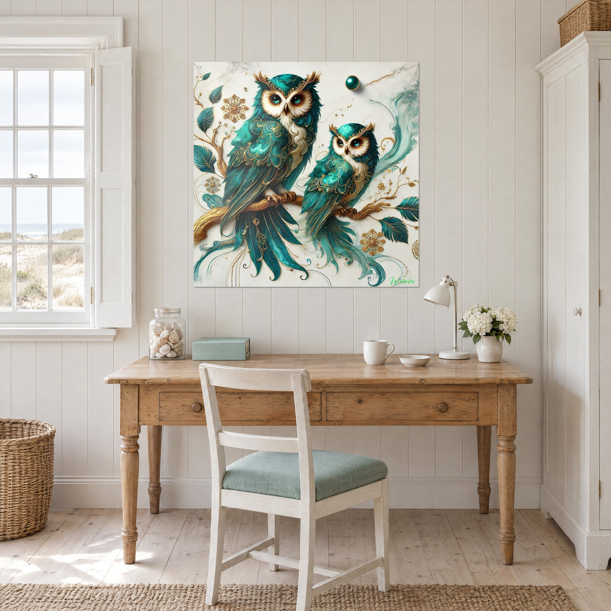 Tableau hiboux aux grands yeux verts, plumes bleu-vert veinées d'or et flocons dorés, au-dessus d'un bureau en bois clair près d'une fenêtre