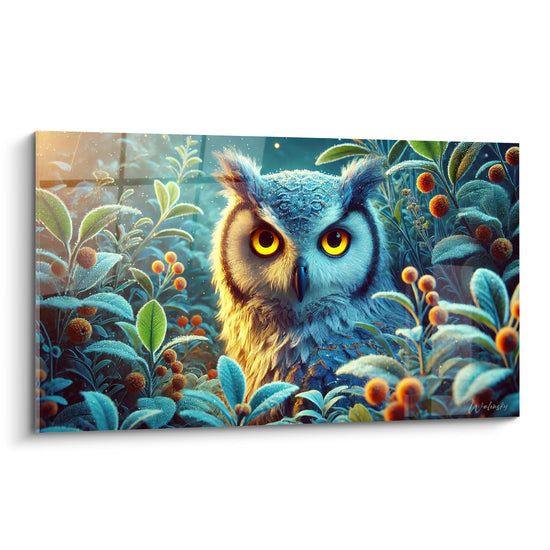 Tableau Hibou bleu et doré parmi baies orange - Sentinelle nocturne - Edition Hibou