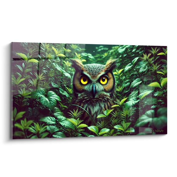 Tableau Hibou vert et brun caché feuillage - Sentinelle des sous-bois - Edition Hibou
