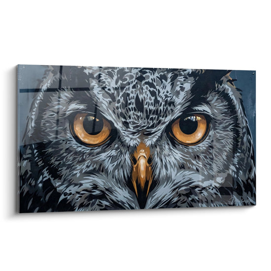 Quadro gufo occhi dorati su fondo grigio urbano - Sguardo penetrante - Edizione Street art stencil