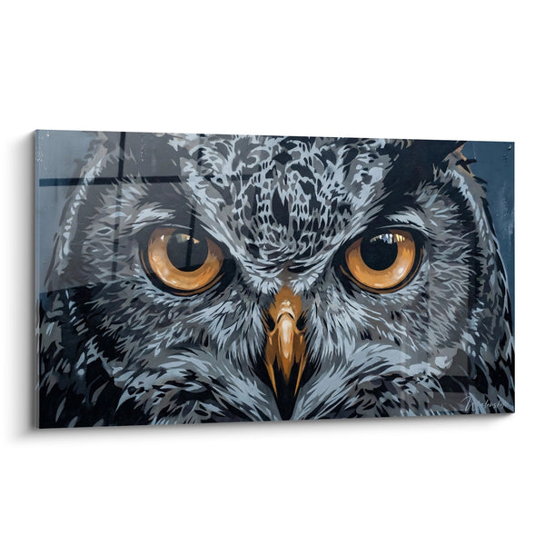 Cuadro de búho con ojos dorados sobre fondo gris urbano - Mirada penetrante - Edición de arte callejero plantilla