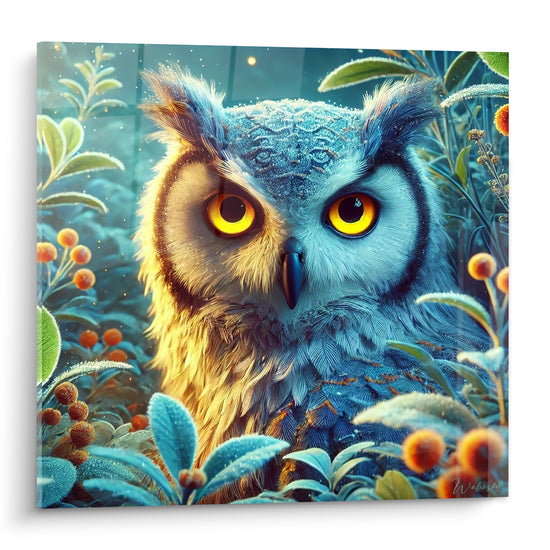 Hibou aux yeux jaunes perçants, plumage bleu givré et baies orangées dans un feuillage nocturne