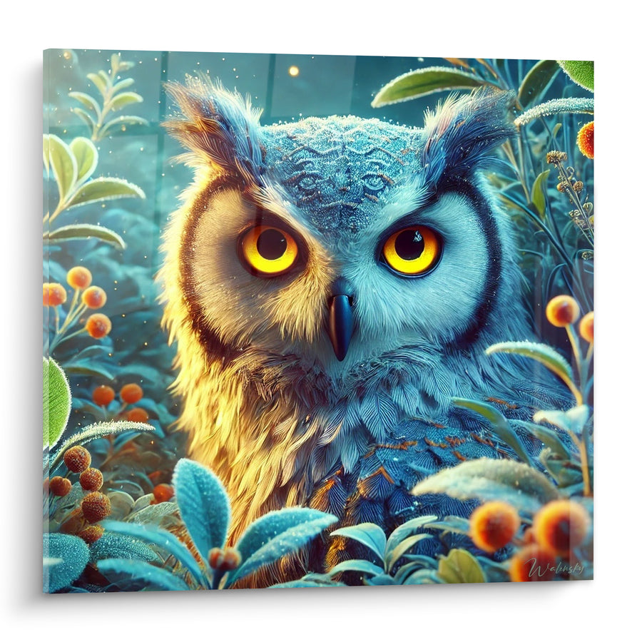 Tableau Hibou aux yeux jaunes et feuillage givré - Veille nocturne - Edition Hibou