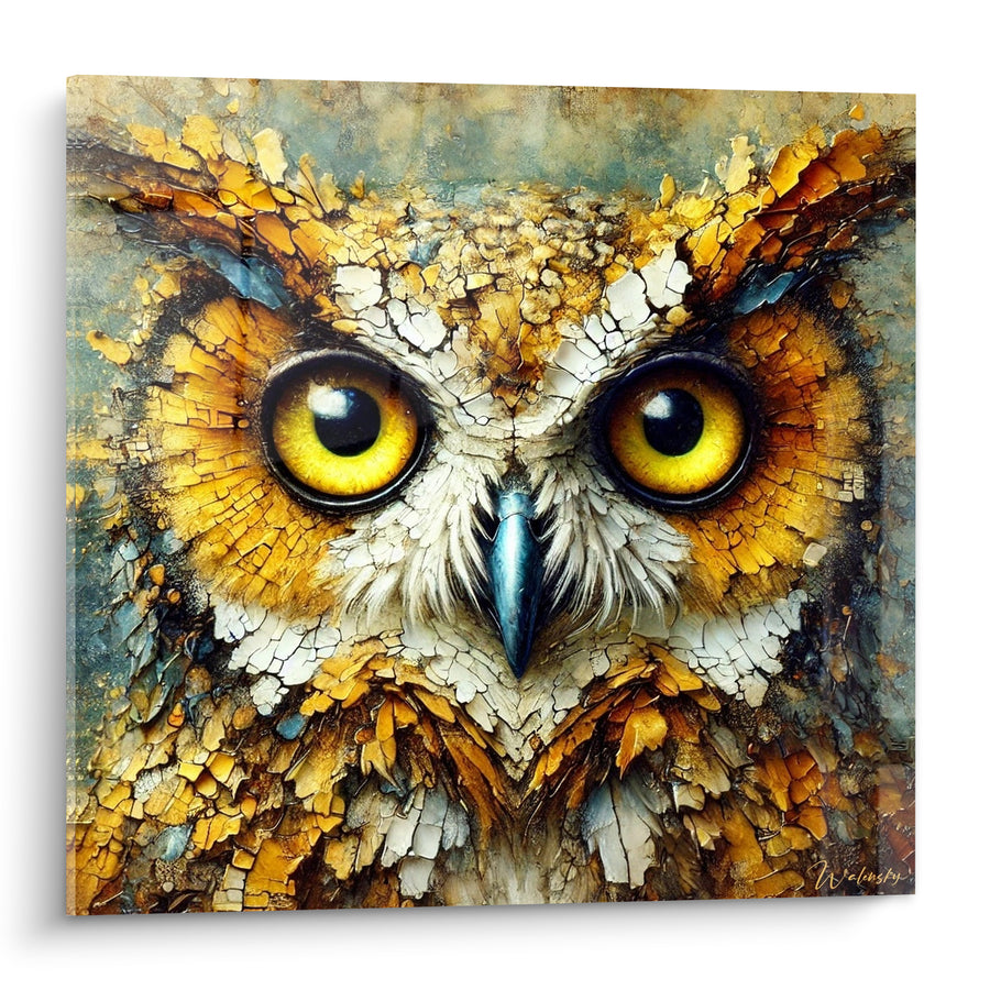 Tableau Hibou doré et blanc au bec bleuté craquelé - Texture craquelée fissurée - Edition Hibou
