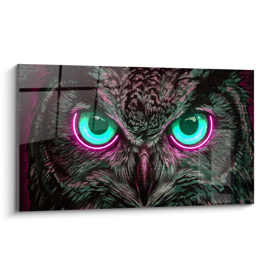 Tableau hibou aux yeux néon turquoise et magenta sur mur urbain - Regard hypnotique - Edition Street art néon fluo