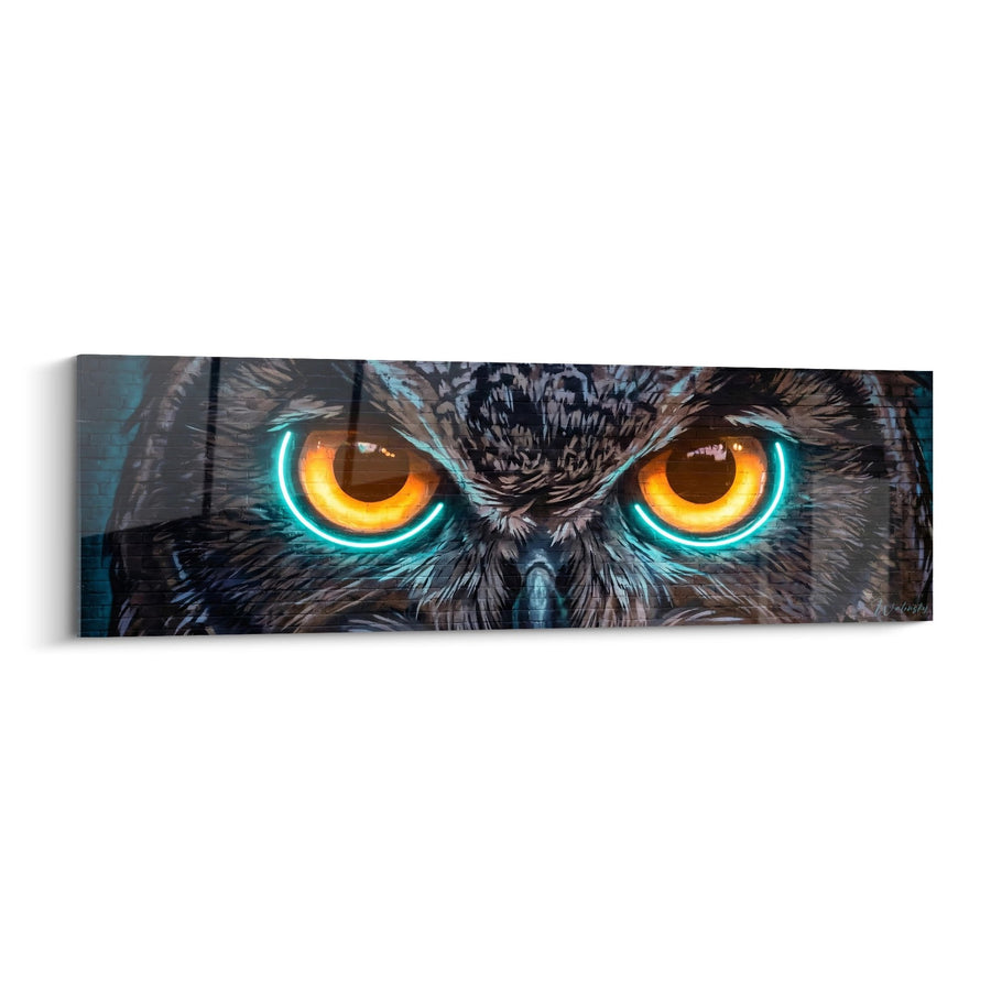 Schilderij uil met fluorescerende oranje ogen en turquoise aura's - Nachtelijke intensiteit - Street art neon fluo editie