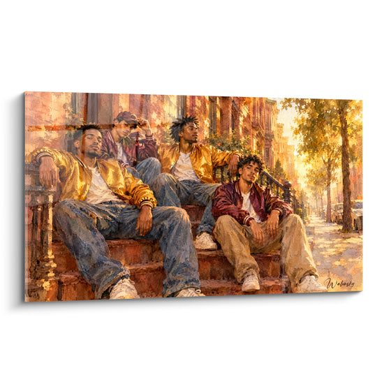 Tableau Quatre amis sur un perron doré bordeaux - Complicité de quartier - Edition Hip hop old school