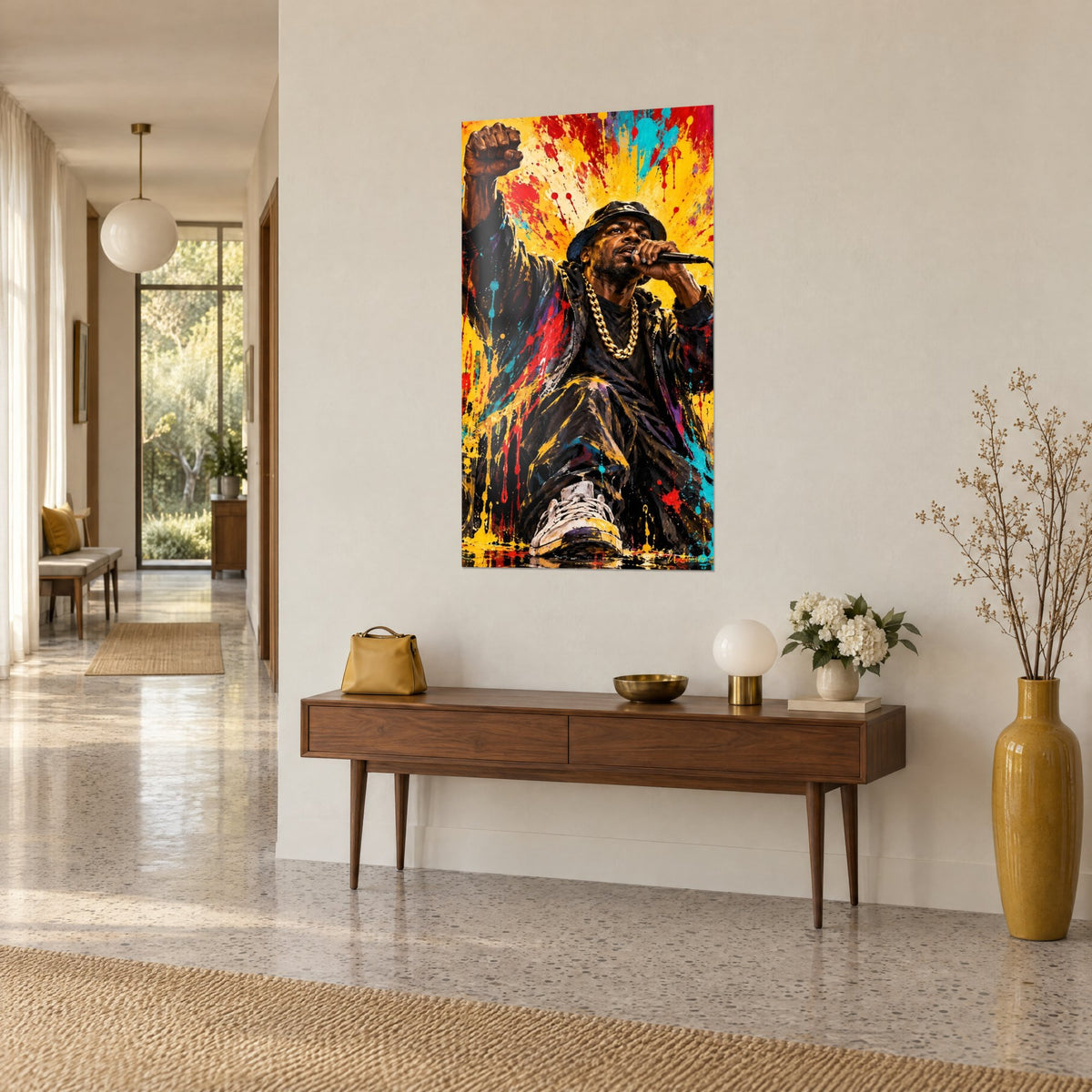 Tableau MC en casquette bob noire, micro en main, coulures turquoise et jaune, accroché au-dessus d'une console, vue de trois-quarts