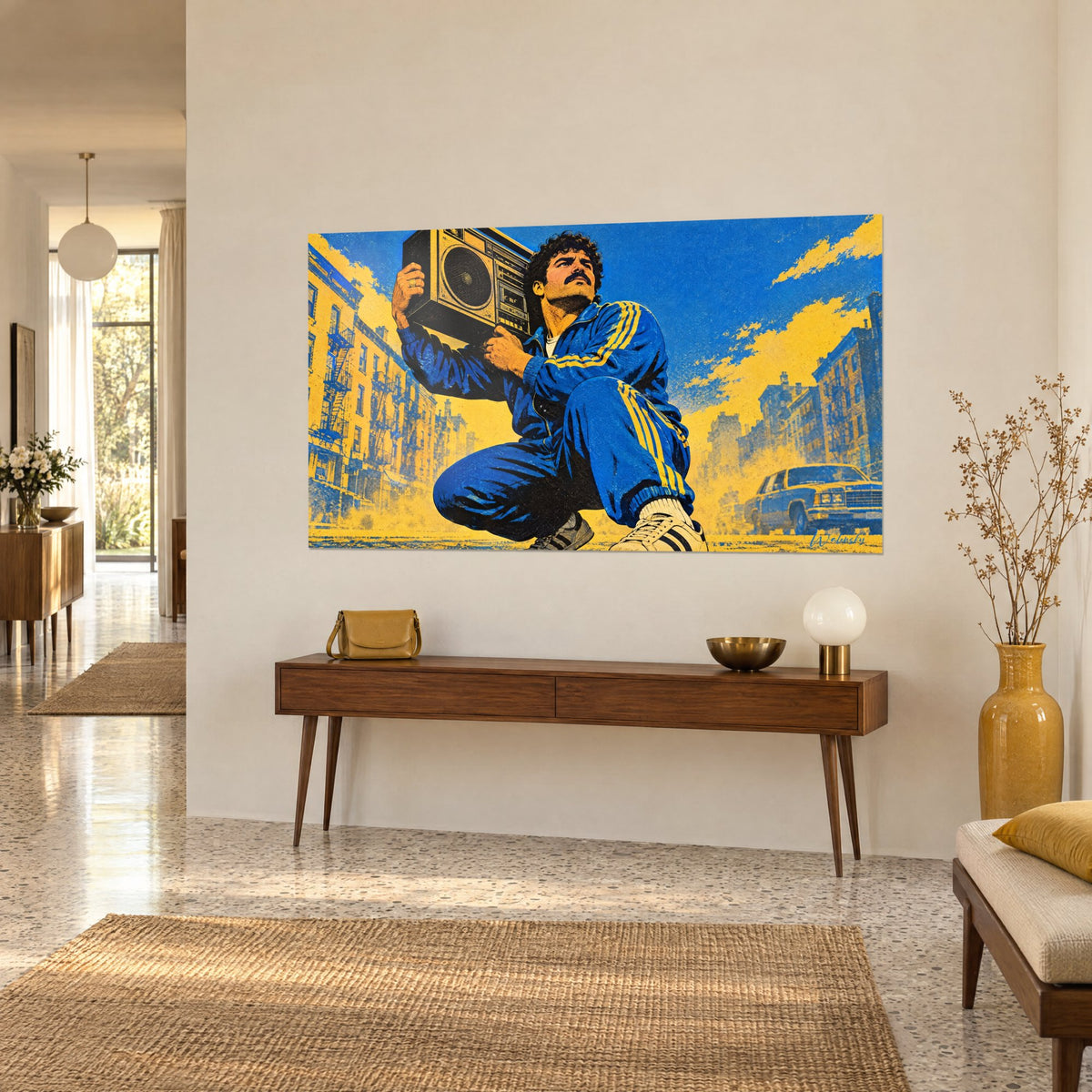 Tableau b-boy new-yorkais moustachu, boombox noire levée, ciel bleu cobalt et nuages dorés, mur blanc et console en bois