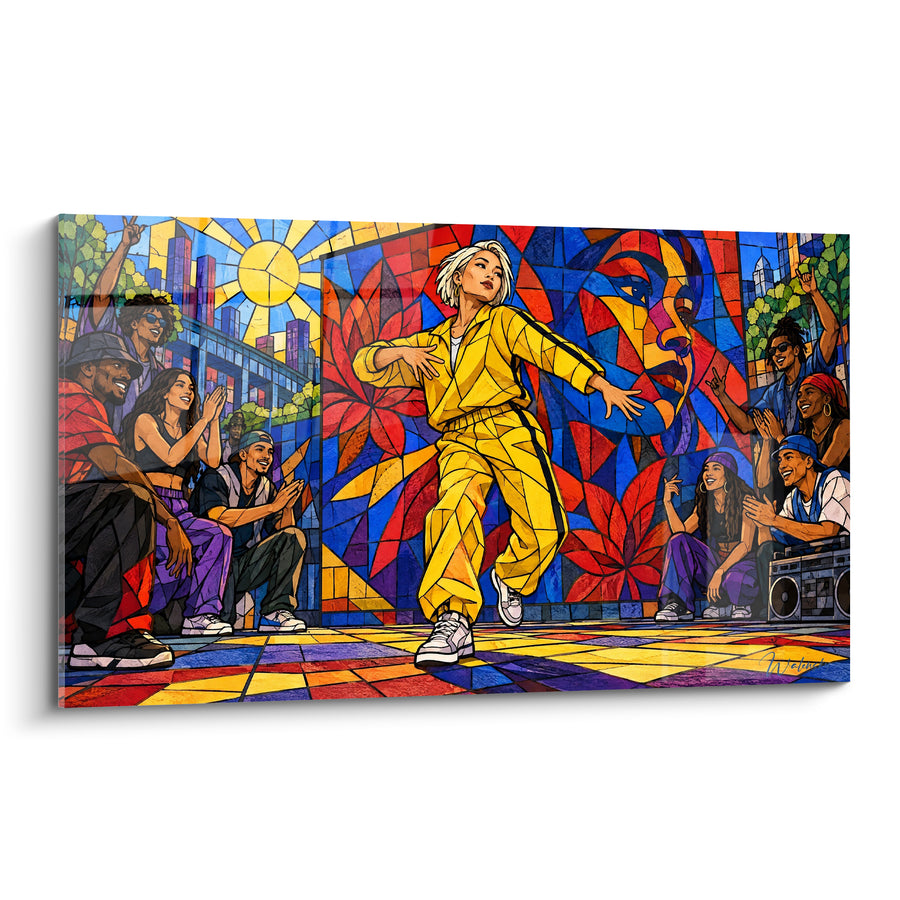 Tableau Danseur survêtement jaune et bleu vitrail - Battle de rue - Edition Hip hop old school