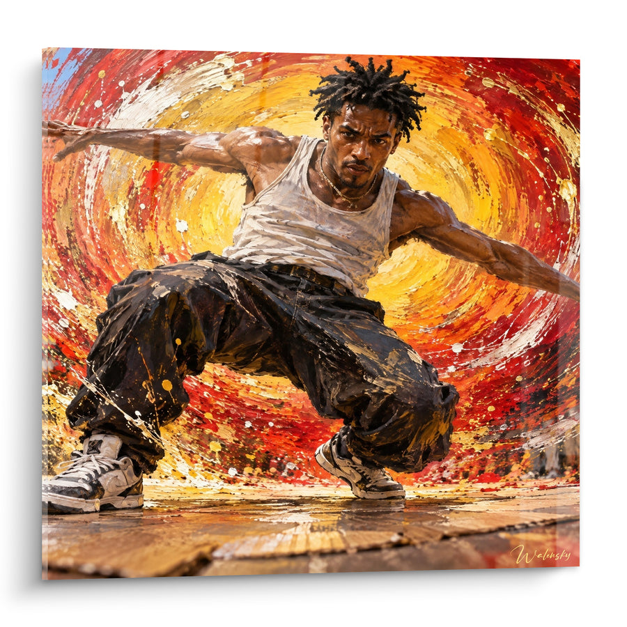 Tableau Danseur breakdance en spirale rouge et dorée - Suspension explosive - Edition Hip hop old school