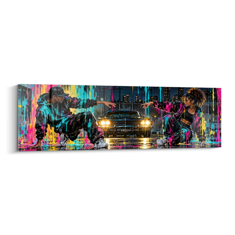 Tableau Danseurs face à voiture rose et turquoise - Affrontement nocturne urbain - Edition Hip hop old school
