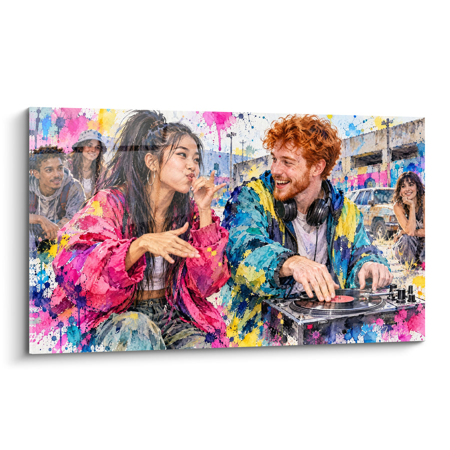 Tableau Platine vinyle rose et turquoise conversation complice - Casque audio autour du cou - Edition Hip hop old school