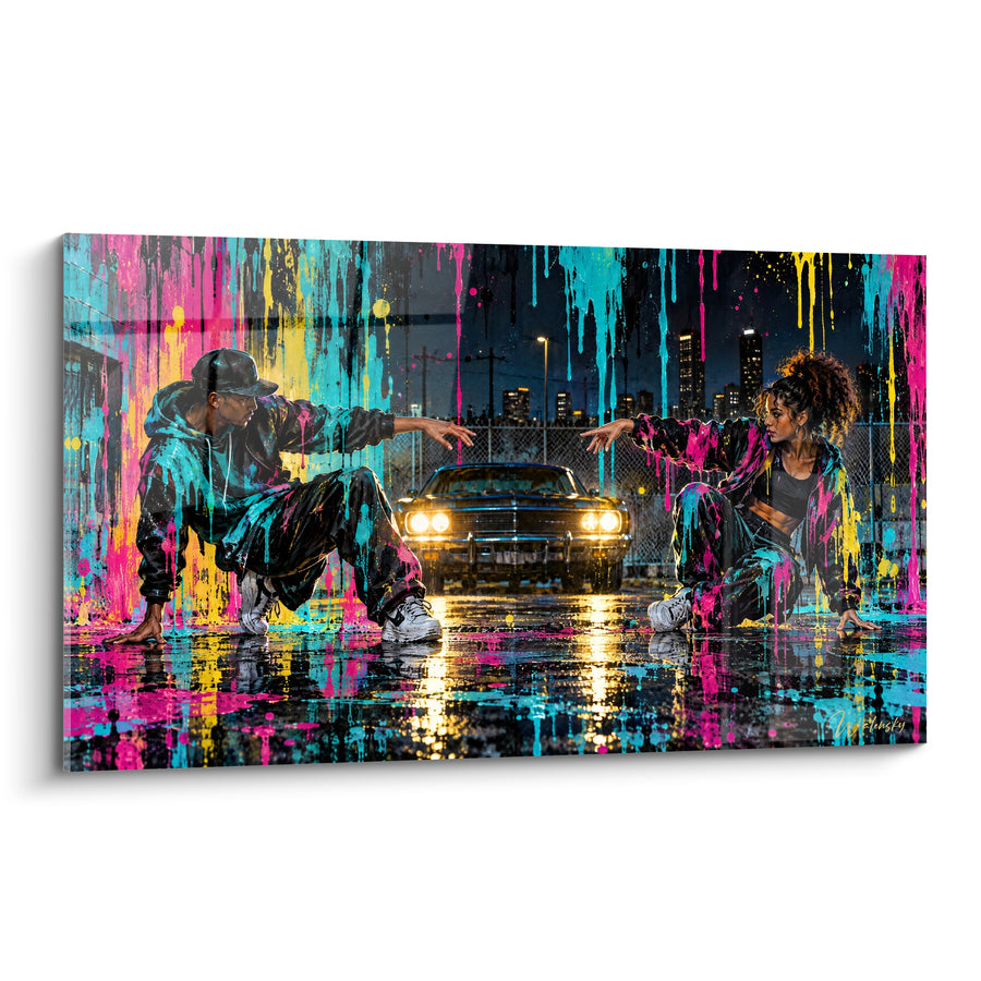 Tableau Danseurs rose et turquoise devant une voiture - Duel nocturne urbain - Edition Hip hop old school