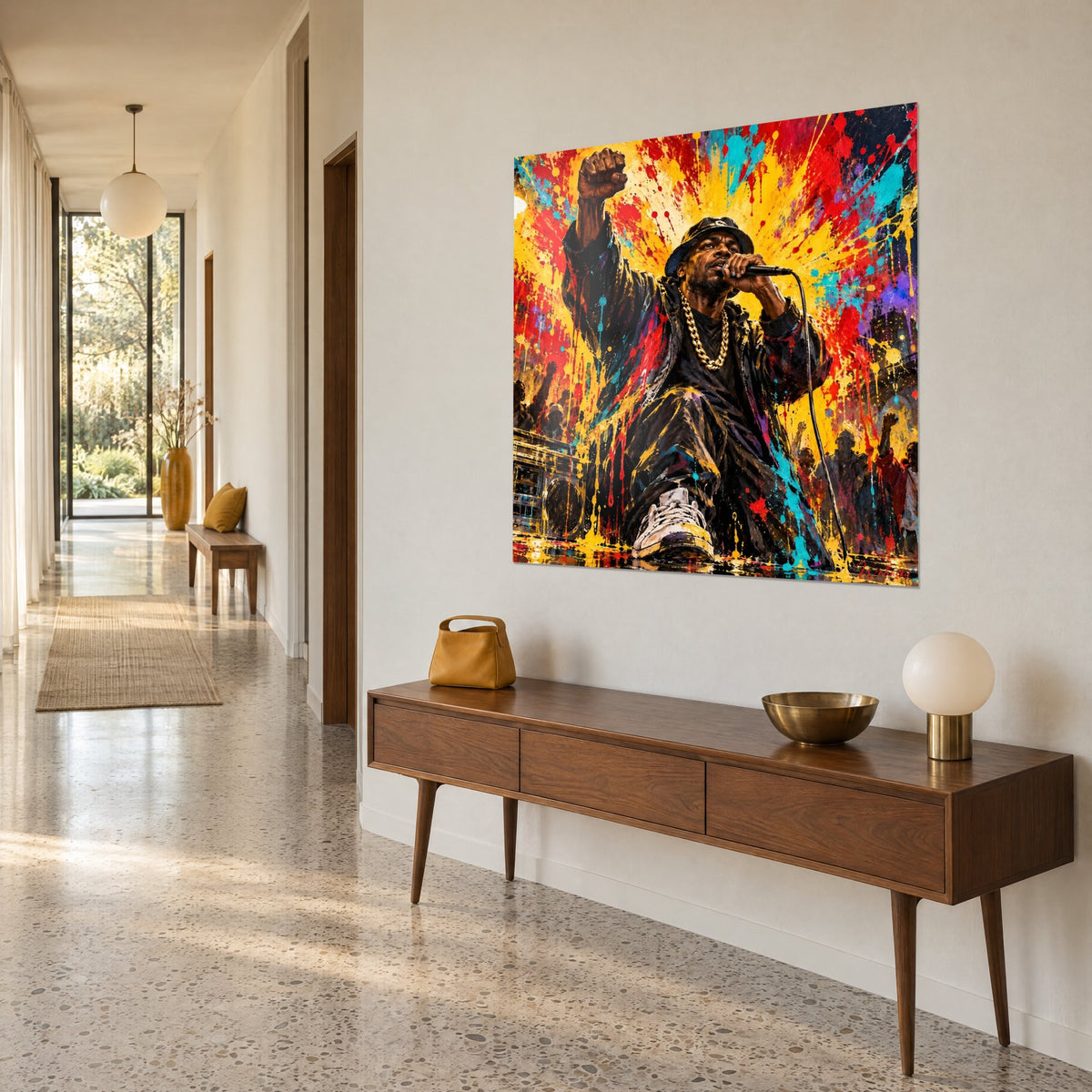 Tableau MC en casquette bob serrant son micro, gerbes cyan et pourpres sur fond jaune solaire, accroché dans un couloir au buffet en noyer