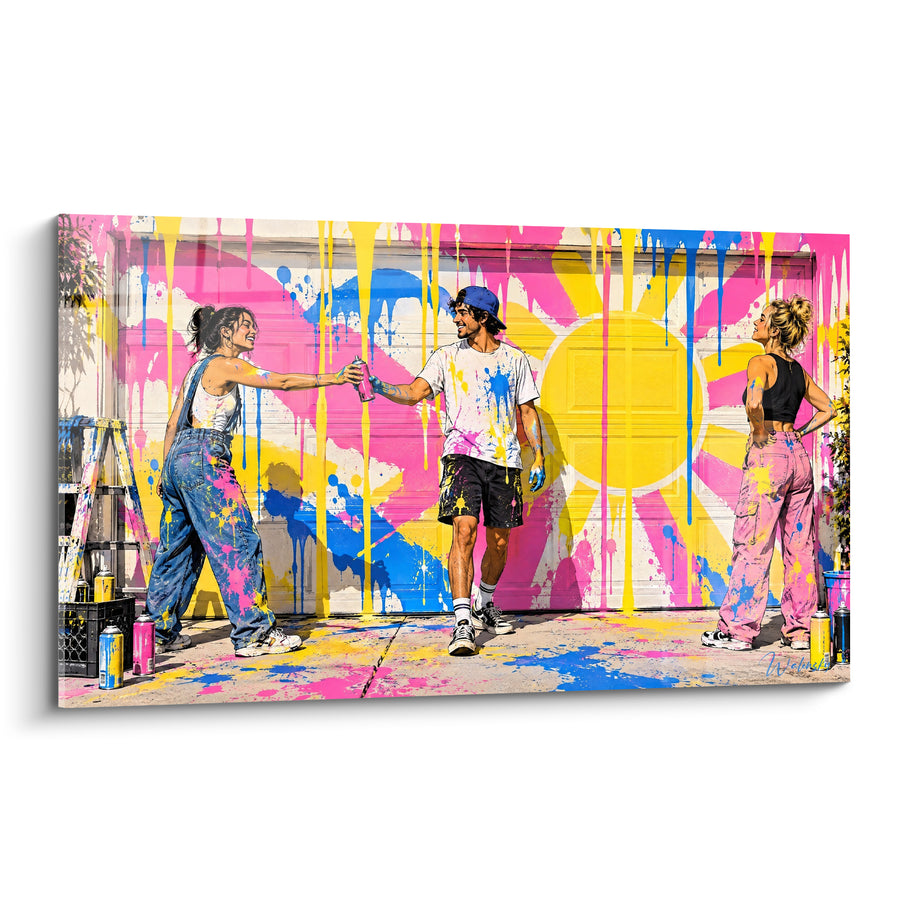 Tableau Artistes graffeurs roses et jaunes peignant un soleil - Éclaboussures complices - Edition Hip hop old school