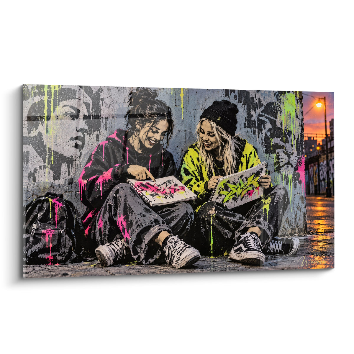 Tableau graffeuses rose fluo et jaune fluo partageant leurs croquis devant un mur de street art
