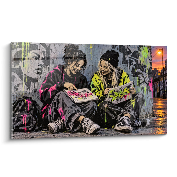 Tableau Deux jeunes graffeuses roses et jaune fluo - Complicité créative - Edition Hip hop old school