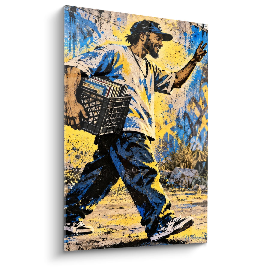 Tableau Homme bleu et jaune caisse de vinyles - Salut de rue - Edition Hip hop old school