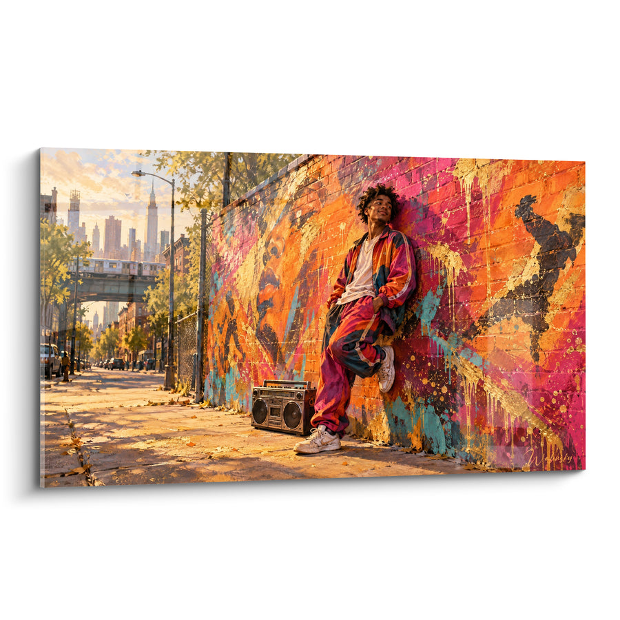 Tableau Jeune homme survêtement orange et turquoise radiocassette au sol - Silhouette urbaine sur fond de gratte-ciel - Edition Hip hop old school