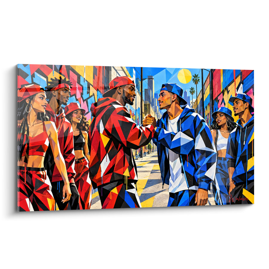Tableau Deux bandes géométriques rouge et bleue se saluent - Alliance de rue - Edition Hip hop old school
