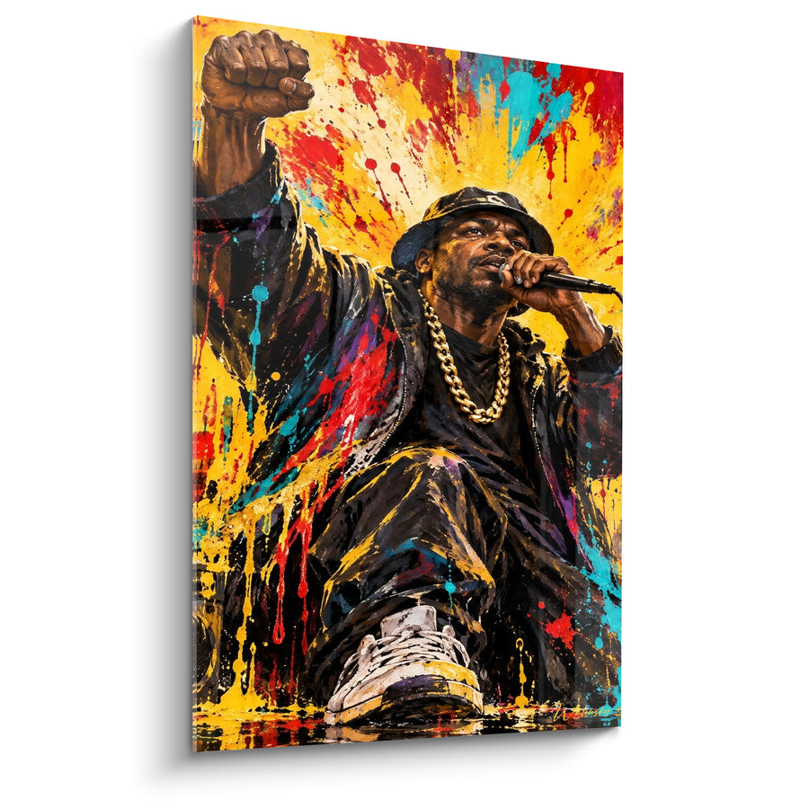Tableau Rappeur poing levé fond jaune éclaboussé - Cri de liberté - Edition Hip hop old school
