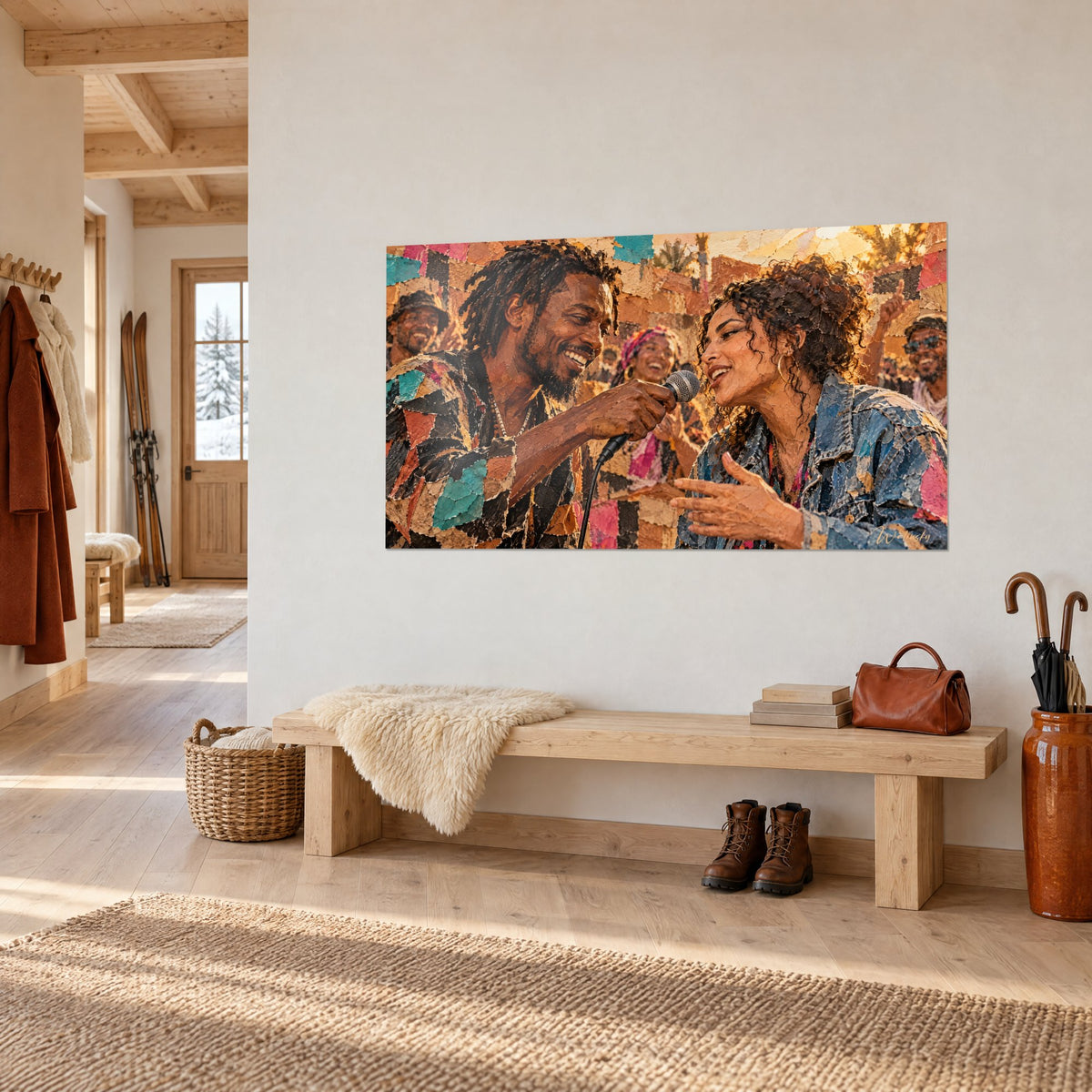 Tableau rappeur barbu aux dreadlocks tendant le micro, veste patchwork rose et noire, sur un mur blanc d'entrée de chalet