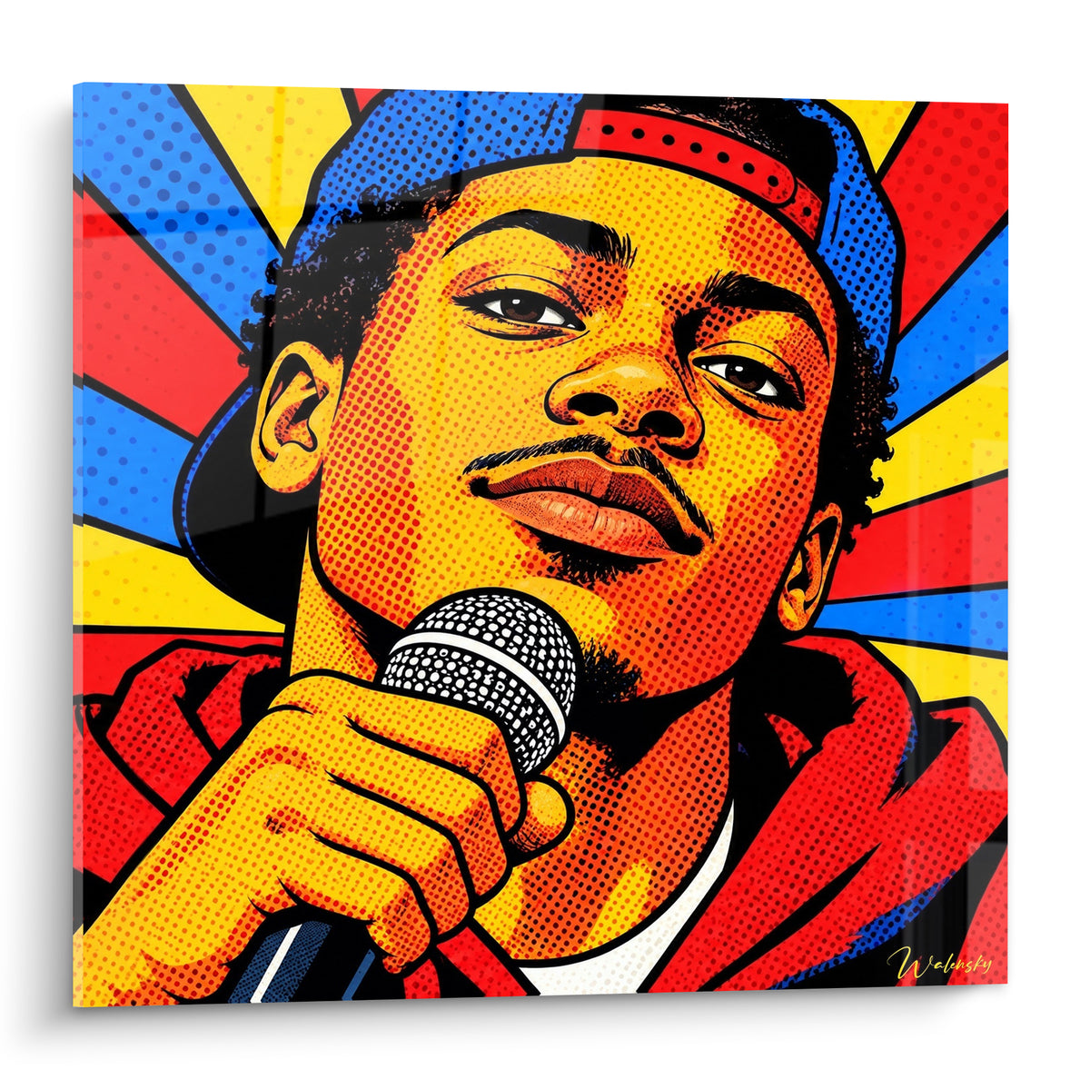 Tableau rappeur casquette bleue et veste rouge, trame pop art jaune et bleu éclatants