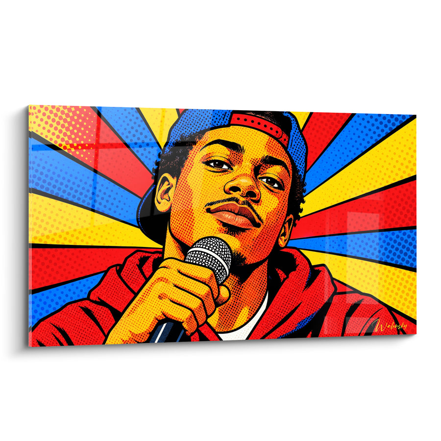 Tableau Rappeur casquette bleue rayons rouges et jaunes - Moustache et regard songeur - Edition Hip hop old school
