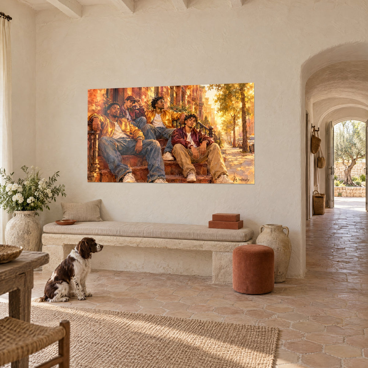 Tableau jeunes complices en blousons satinés ocre et rouge vin, perron ensoleillé, avec un spaniel dans un mas provençal