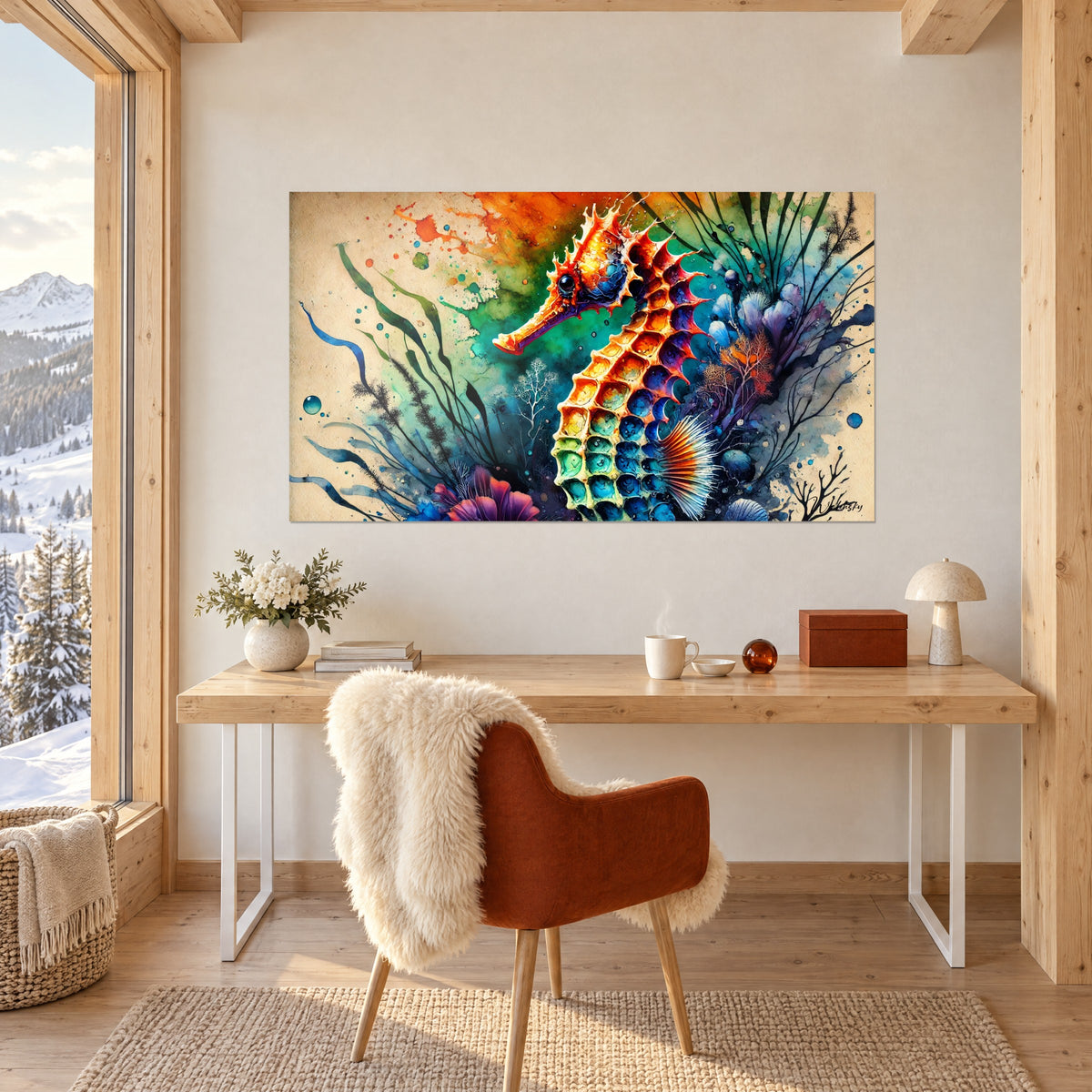 Quadro cavalluccio marino a inchiostro e acquerello, macchie arancioni e verde smeraldo su carta crema, sopra una scrivania in legno chiaro