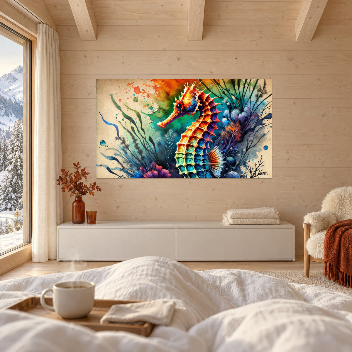 Quadro creatura marina con cresta spinosa arancione, alghe blu notte e corallo viola, sopra un letto in una camera luminosa