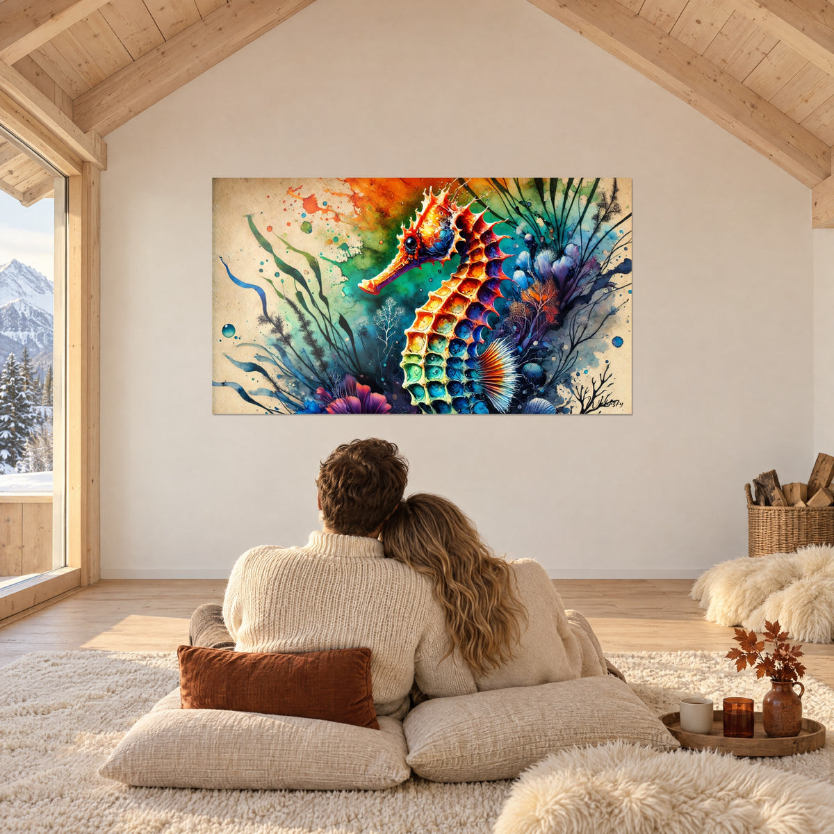 Quadro cavalluccio marino colorato circondato da coralli viola e alghe nere, di fronte a una coppia rannicchiata sui cuscini in uno chalet