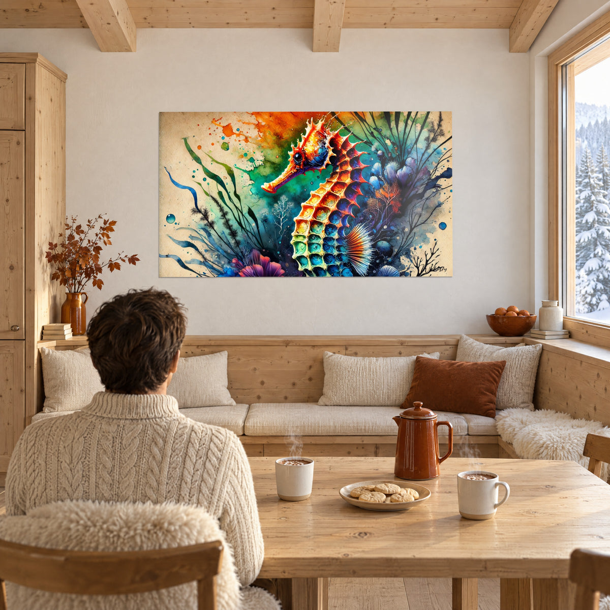 Quadro cavalluccio marino con celle che sfumano dal giallo al blu, pinna bianca a ventaglio, di fronte a un tavolo di legno in stile chalet