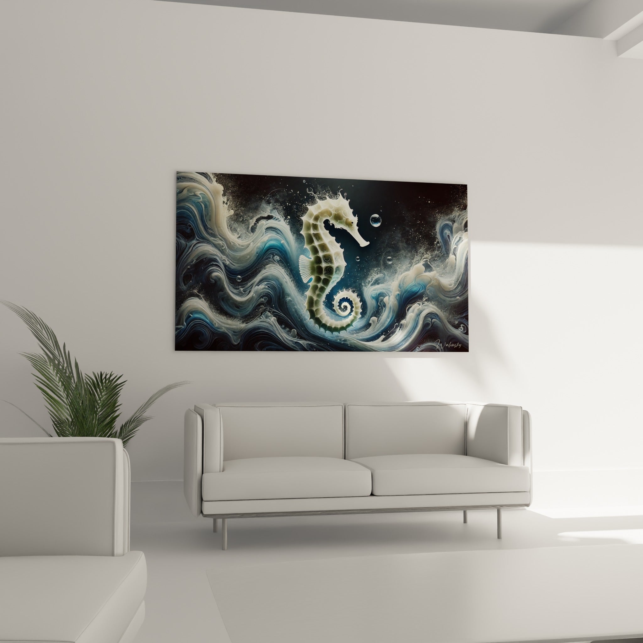 Silhouette d'hippocampe crème sur fond anthracite tourbillonnant, au-dessus d'un canapé dans un salon lumineux
