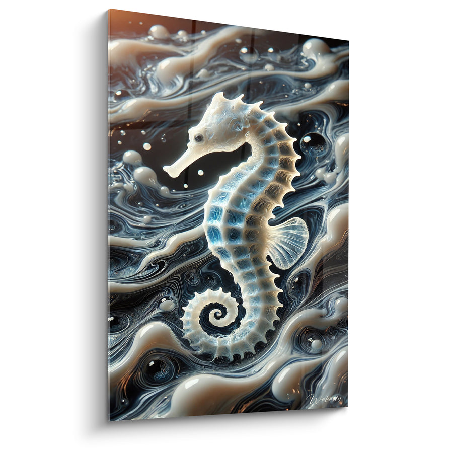 Tableau Hippocampe ivoire et bleu marine aux perles noires - Nageoire dorsale translucide - Edition Hippocampe