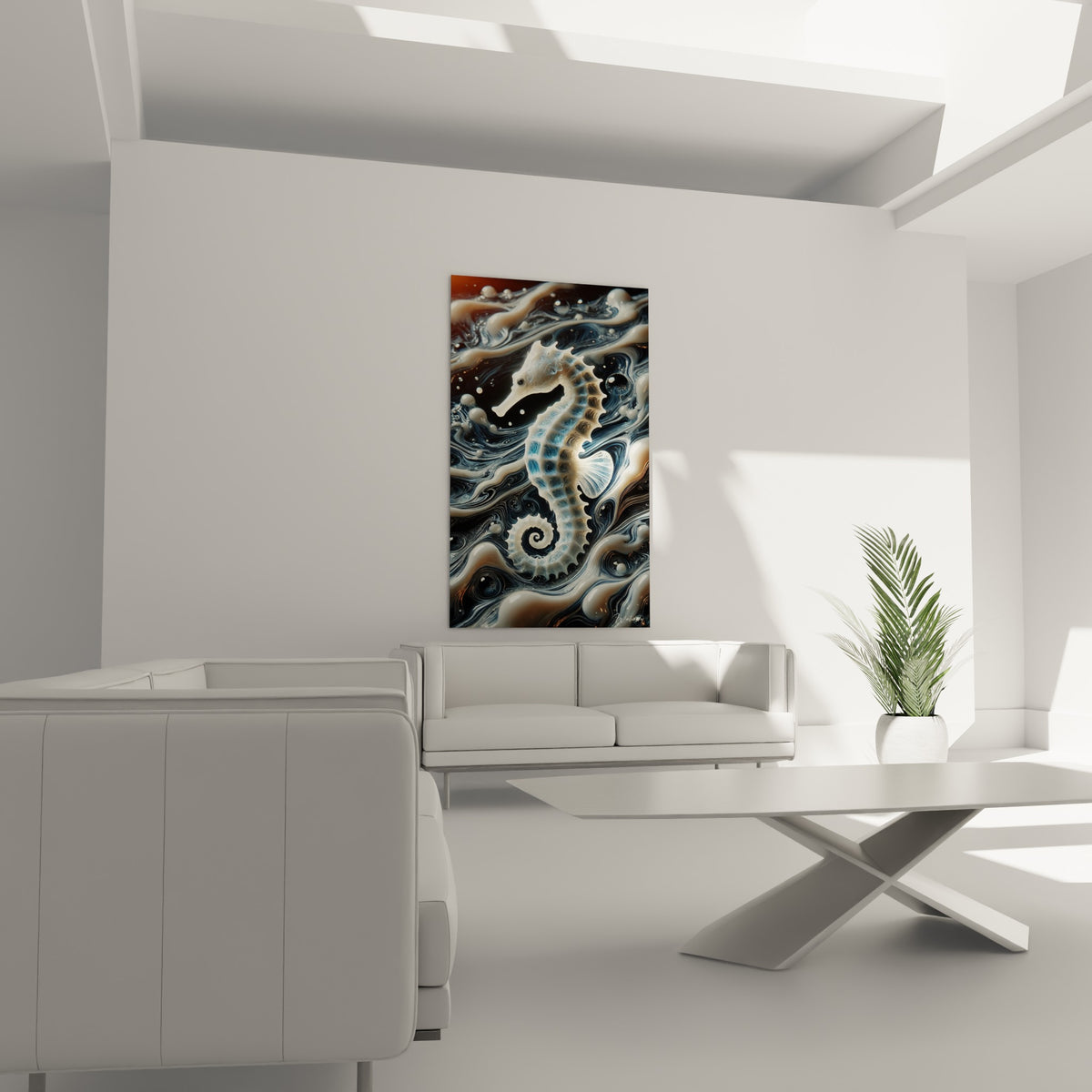 Créature marine blanche et anthracite en volutes marbrées, disposée au-dessus d'un canapé dans un salon lumineux