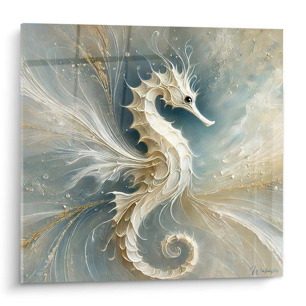 Tableau Hippocampe blanc et doré aux volutes marines - Danse océanique - Edition Hippocampe