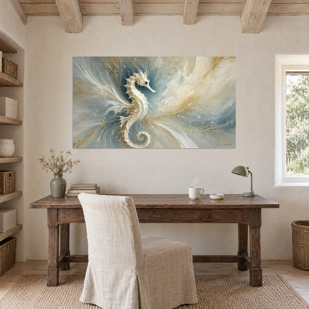 Tableau hippocampe de peinture épaisse blanche et bleu gris, touches d'or, mur de bureau près d'une table en bois