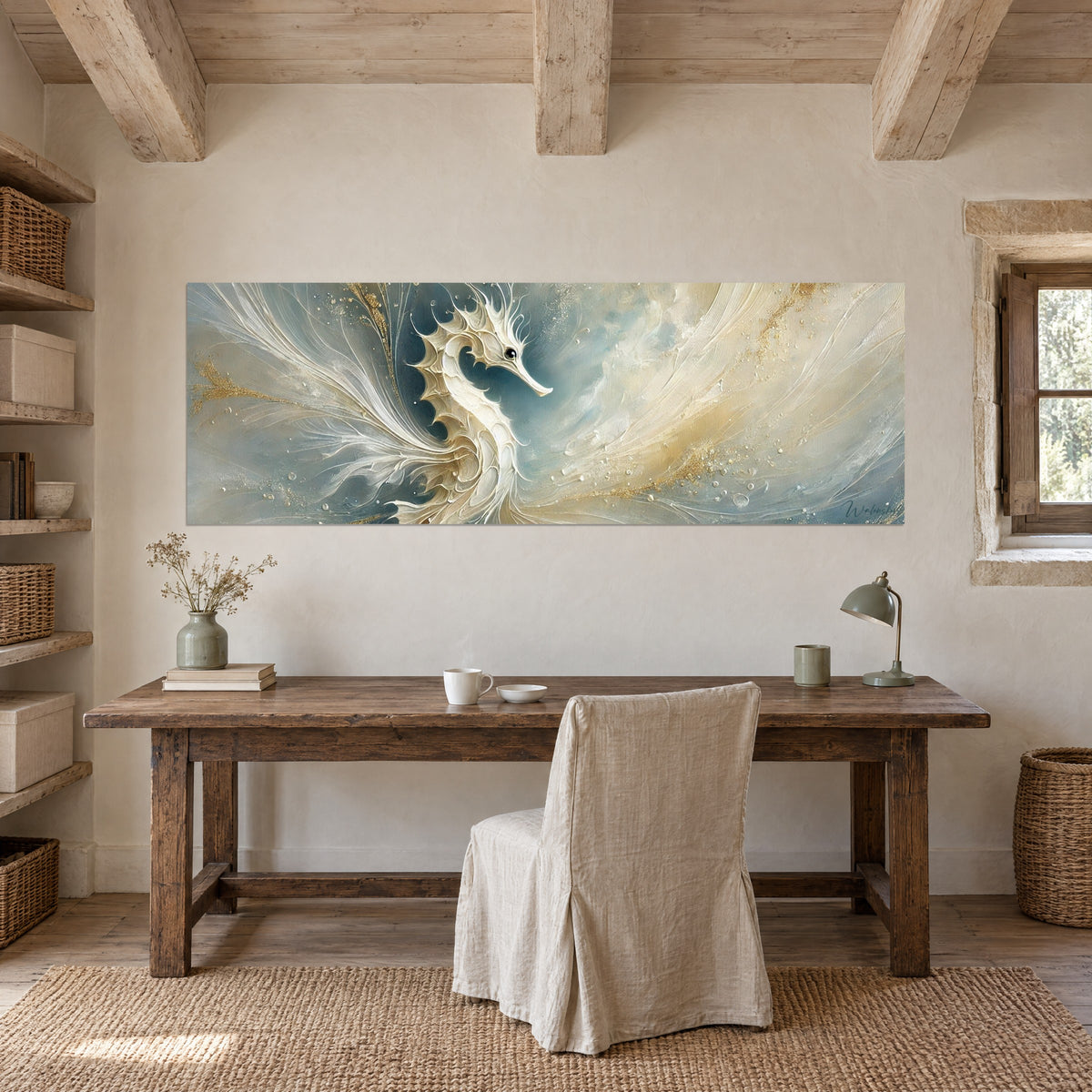 Tableau hippocampe de peinture épaisse, museau fin et ailes d'écume blanche, turquoise et or, au-dessus d'un bureau en bois brut
