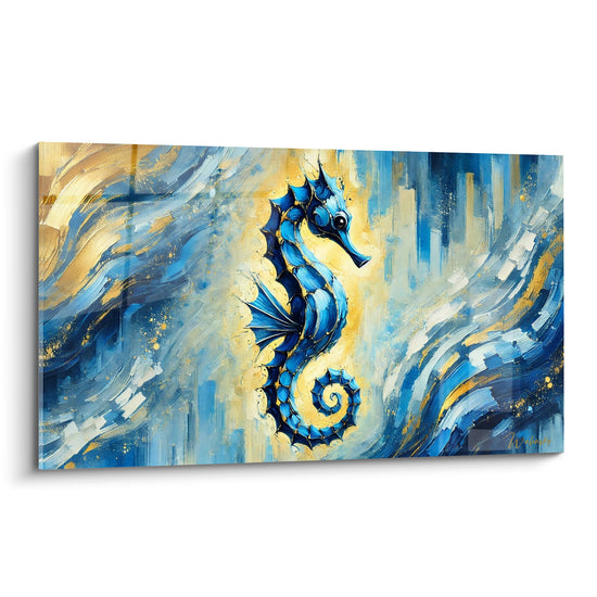 Tableau Hippocampe bleu et doré aux vagues tourbillonnantes - Courant lumineux - Edition Hippocampe