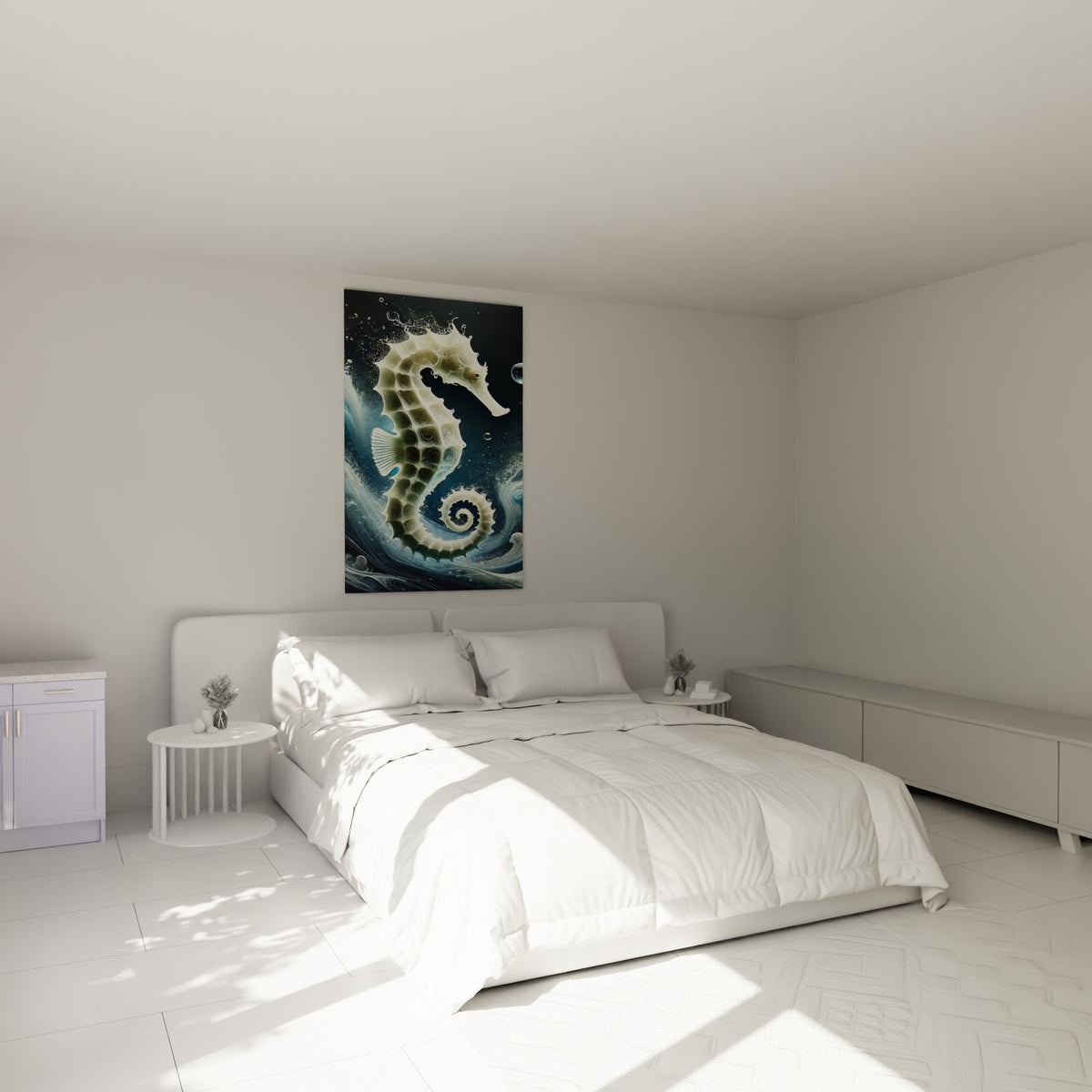 Silhouette d'hippocampe ivoire enroulée en spirale au-dessus d'un lit dans une chambre claire