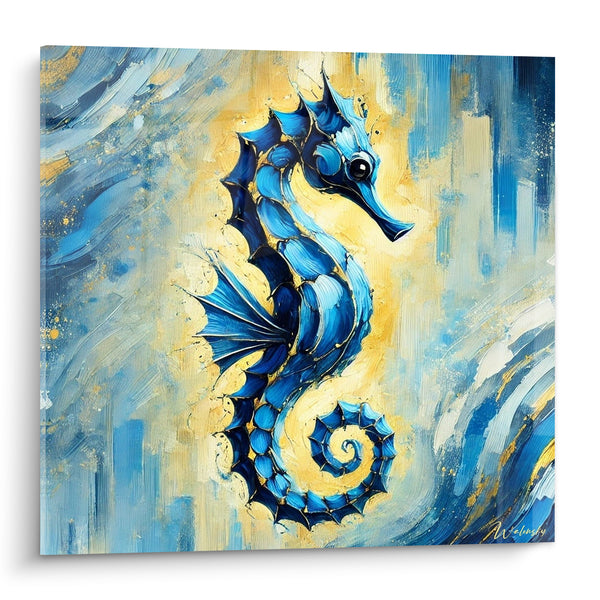 Tableau Hippocampe bleu et doré à écailles texturées - Danse sous-marine - Edition Hippocampe