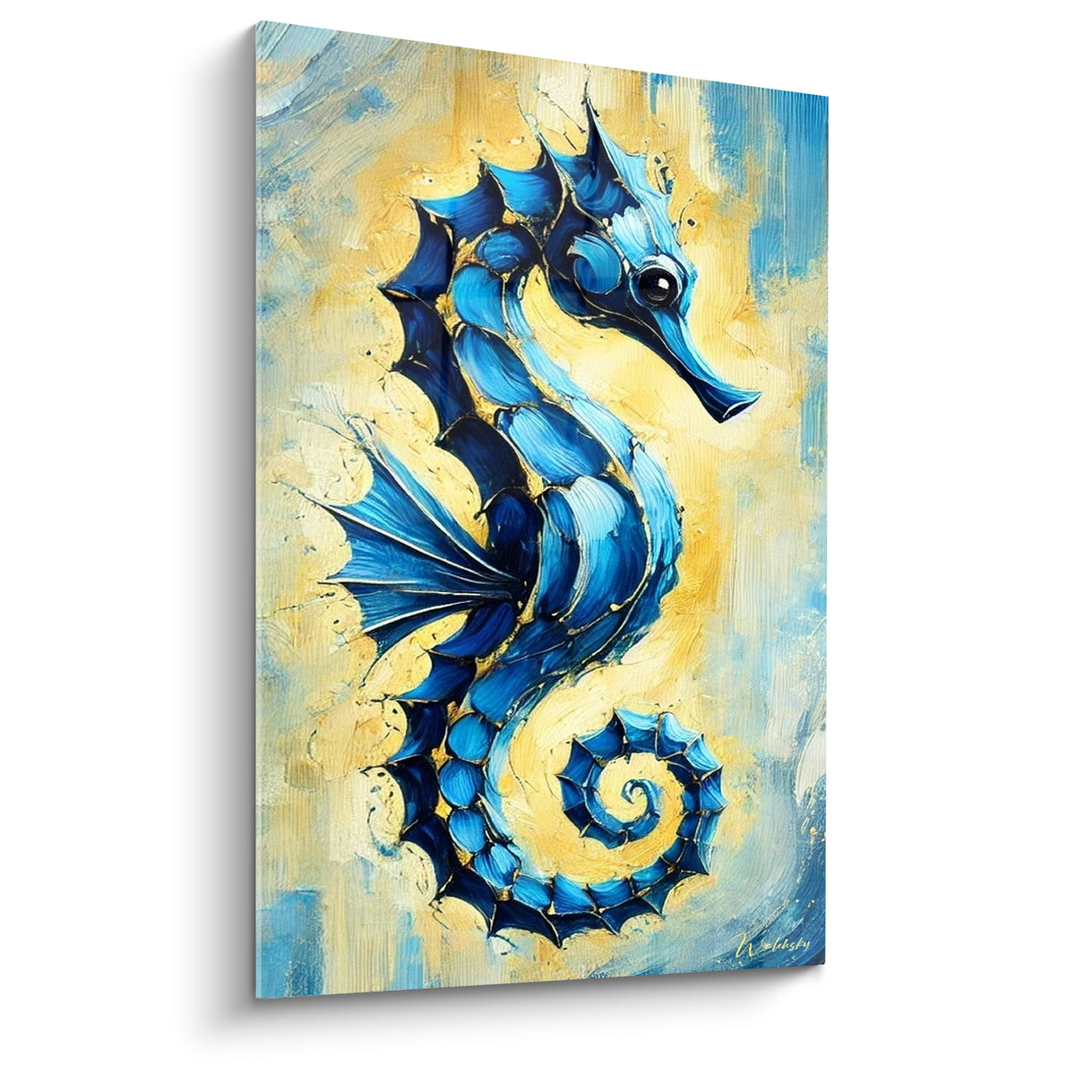 Hippocampe bleu marine et turquoise en spirale sur fond jaune doré texturé
