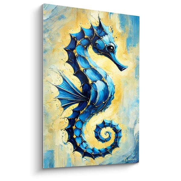 Tableau Hippocampe bleu et jaune aux nageoires déployées - Danse marine dorée - Edition Hippocampe