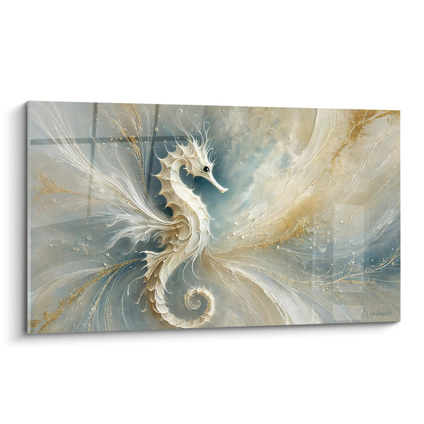 Tableau Hippocampe ivoire et doré à la queue enroulée - Éclat de gouttelettes - Edition Hippocampe