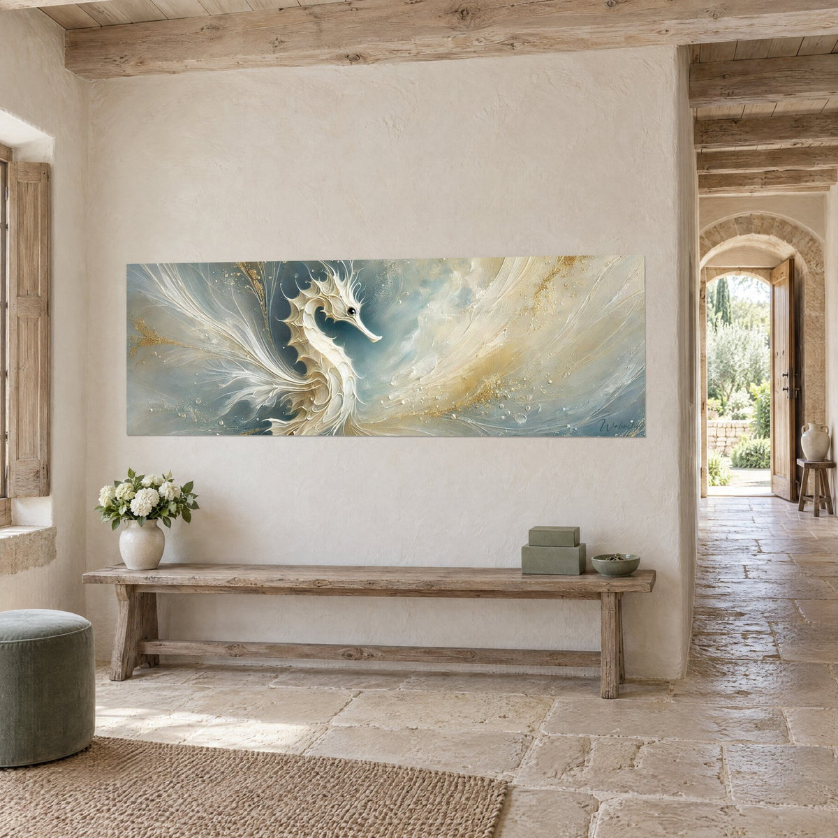 Wall art white seahorse crested with pearly scrolls, petrol blue and pale gold, three-quarter view in a stone hall