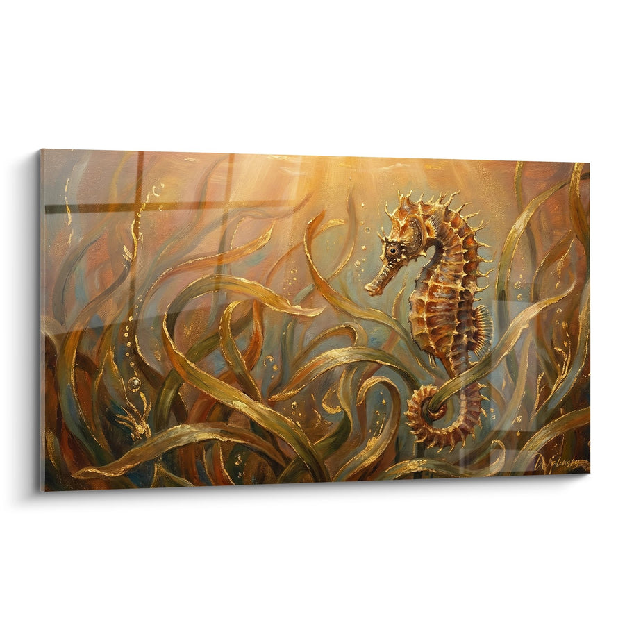 Tableau Hippocampe Doré dans Tourbillon d'Algues Ambrées - Symphonie Océanique - Edition Hippocampe