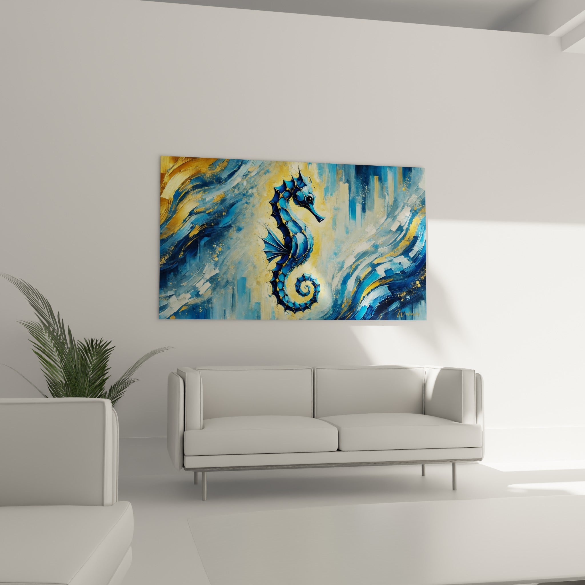 Silhouette d'hippocampe anthracite et ocre en spirale, disposée au-dessus d'un canapé dans un salon lumineux