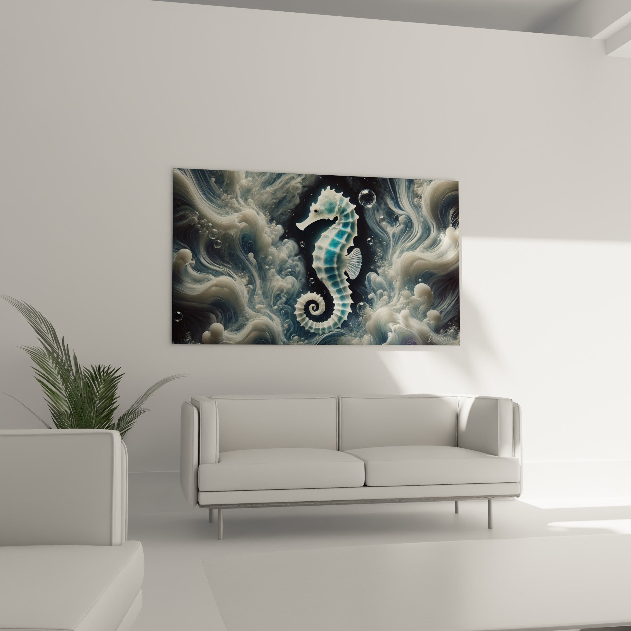 Silhouette d'hippocampe blanc et bleu entourée d'écume sculptée au-dessus d'un canapé dans un salon lumineux